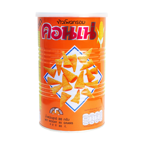 Cornae corn-based confectionery snack showing crunchy corn snack pieces in bright packaging.