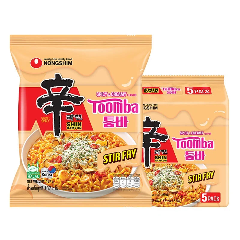 NONGSHIM Toomba spicy and creamy dry grocery noodles pack, 137g x5, with image of the noodle package and vibrant design.