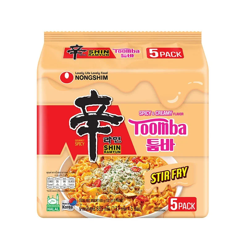 NONGSHIM Toomba Spicy and Creamy instant noodle pack, 137g x5, dry grocery product with spicy and creamy noodle bowls.