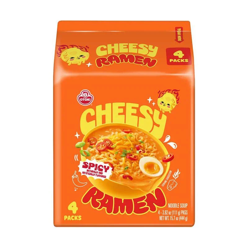 Otoki Cheesy Spicy Ramen instant noodles in four 111g packs, dry grocery spicy cheesy ramen from Otoki.