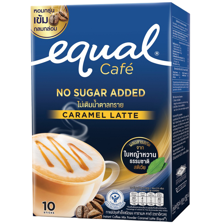 Equal Caramel Latte instant coffee mix powder in a glass mug, showcasing its creamy caramel flavor and rich coffee appearance.