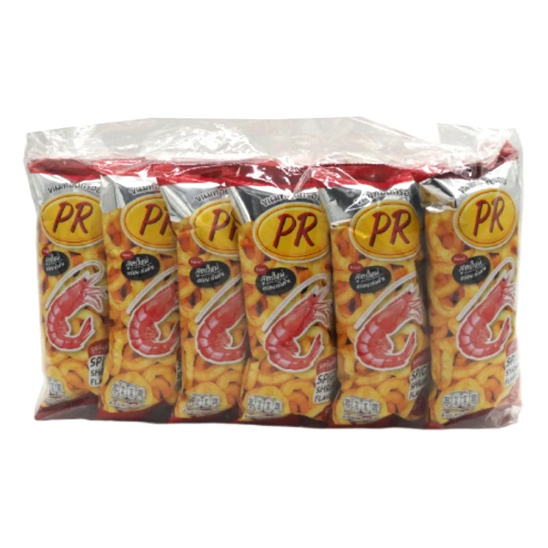 Spicy PR Extrude Shrimp snack in 16g packs, featuring crispy, seasoned shrimp snack for dry grocery and snack lovers.