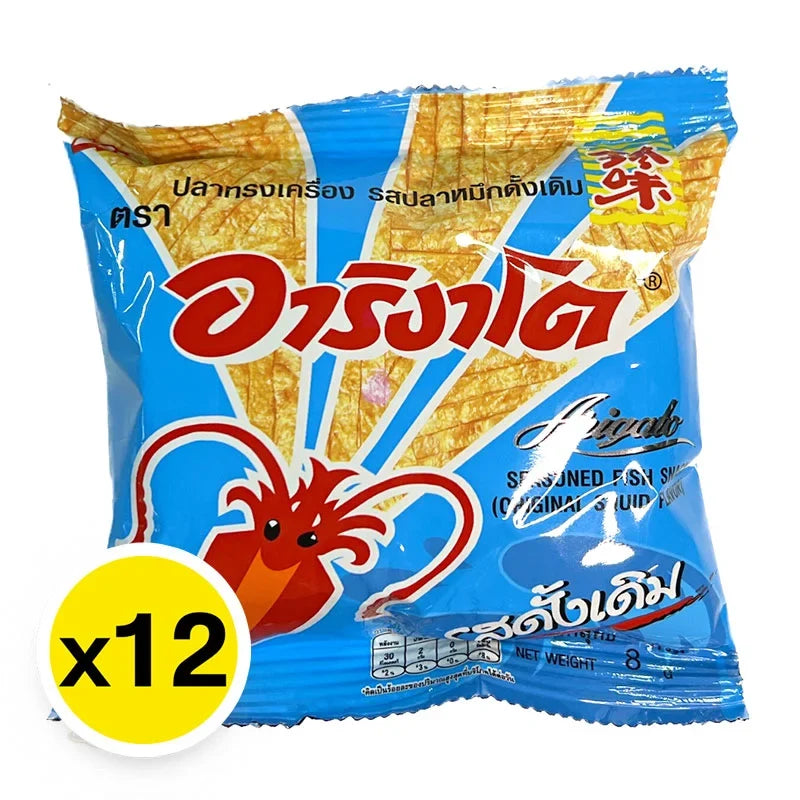 Pack of 12 Arigato Fish Snack 8g each, crispy dried fish snacks from ARIGATO, perfect for quick snacks or confectionery.