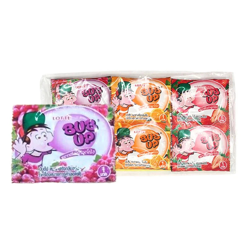Lotte Bubup Bubble Gum 3g pack, snack confectionery, showing colorful gum pieces in clear packaging.