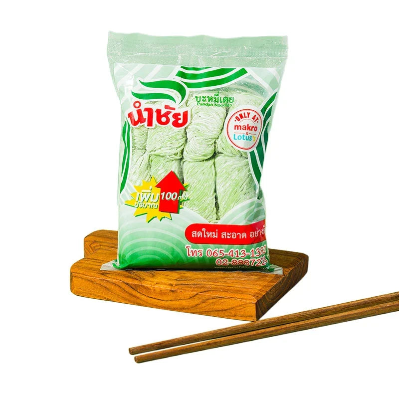 Numchai Pandan Noodles 600g package, dry grocery product, showing the noodles in a clear plastic bag with branding visible.