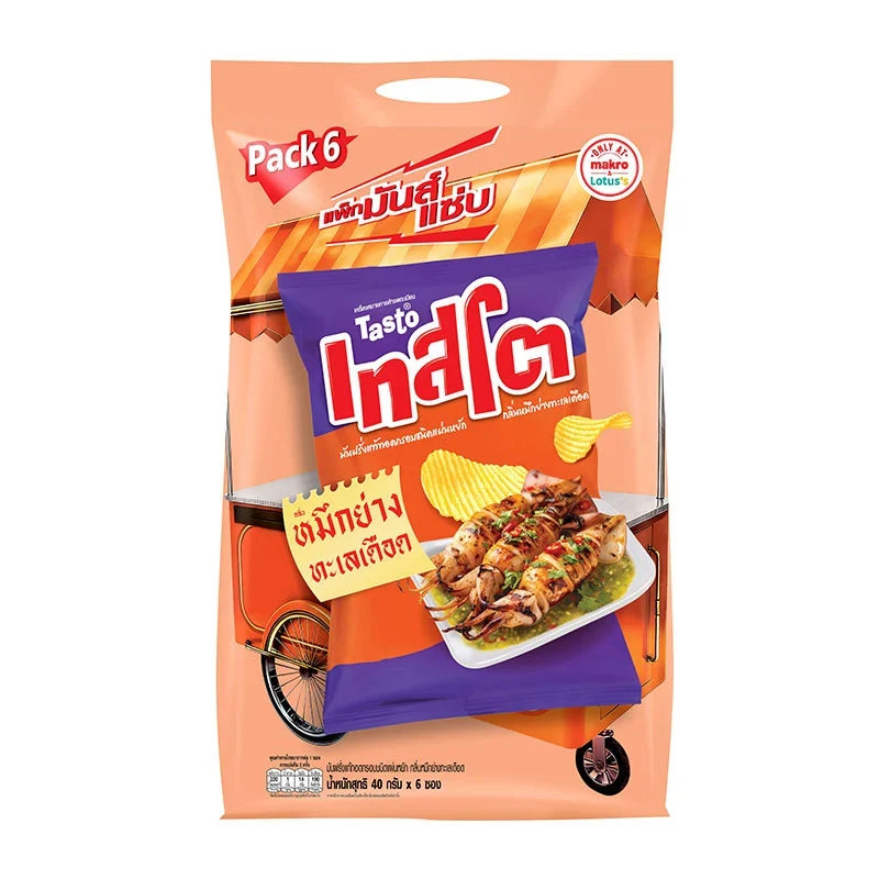 Tasto Potato Rock Chips with grilled seafood sauce, 40g pack, showing crispy chips and seafood-flavored snack packaging.