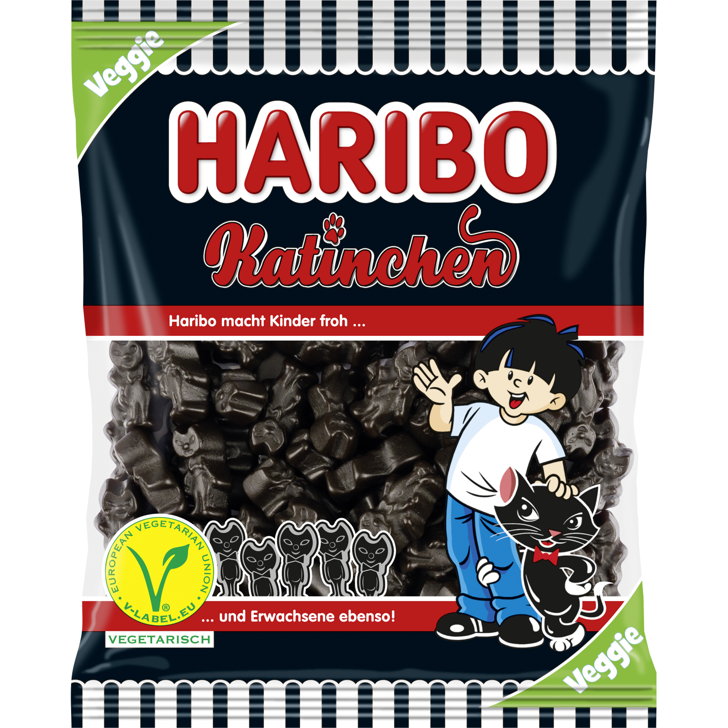 Colorful Haribo Katinkein confectionery snacks in a clear bowl, showcasing bright gummy candy shapes and vibrant colors.