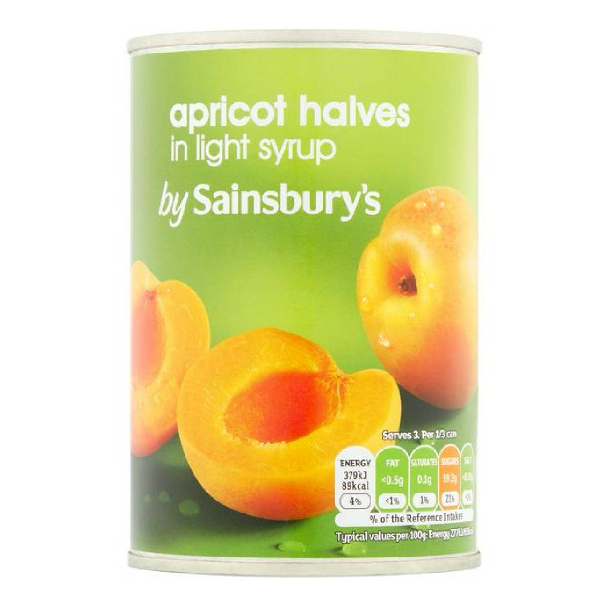 Canned Sainsbury's apricot halves in light syrup, displayed in a bowl with some apricots visible.