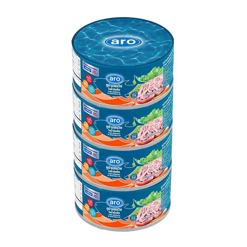 Canned ARO XNAUTILUS Tuna Sandwich in vegetable oil, 165g, four-pack, with label showing tuna and vegetable oil ingredients.
