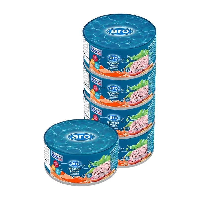 Cans of ARO XNAUTILUS Tuna Sandwich in Vegetable Oil, 165g each, stacked in a row, labeled with product details.