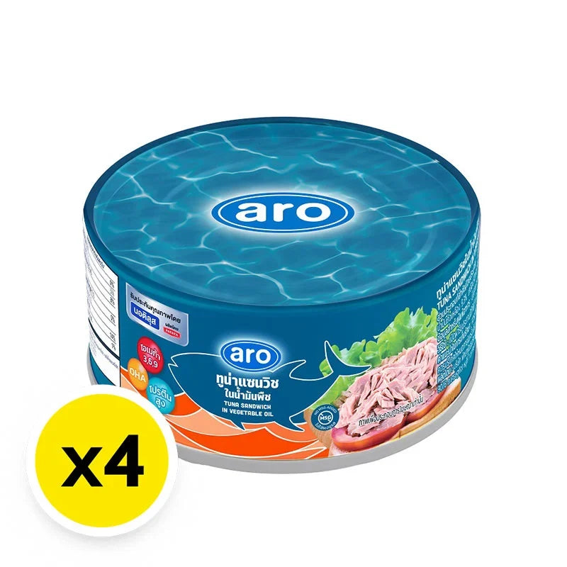 Cans of ARO XNAUTILUS Tuna Sandwich in vegetable oil, 165g each, stacked with label visible, ideal for quick meals.