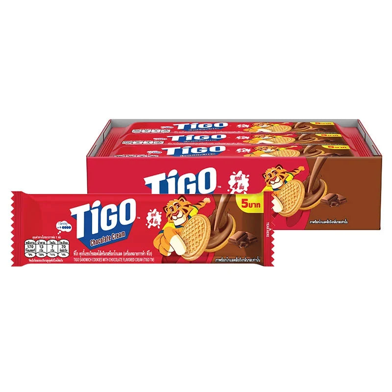 Tigo Sandwich Cookies with Chocolate Cream, 35g pack, showing stacked cookies with chocolate filling in a colorful snack package.