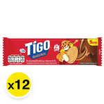 TIGO Sandwich Cookies with chocolate cream, 35g per pack, stacked on a white surface, showing the cookie filling and packaging.
