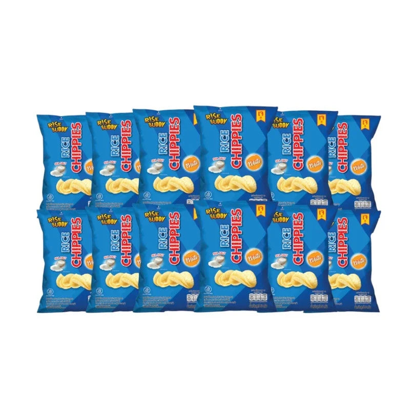 Rise Buddy Rice Chippies snack in colorful packaging, crispy rice snack for dry grocery and confectionery enjoyment.