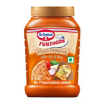 Dr. Oetker Pizza Sauce Topping All-in-One 315g dry grocery product, showing the packaged pizza sauce in a clear container.