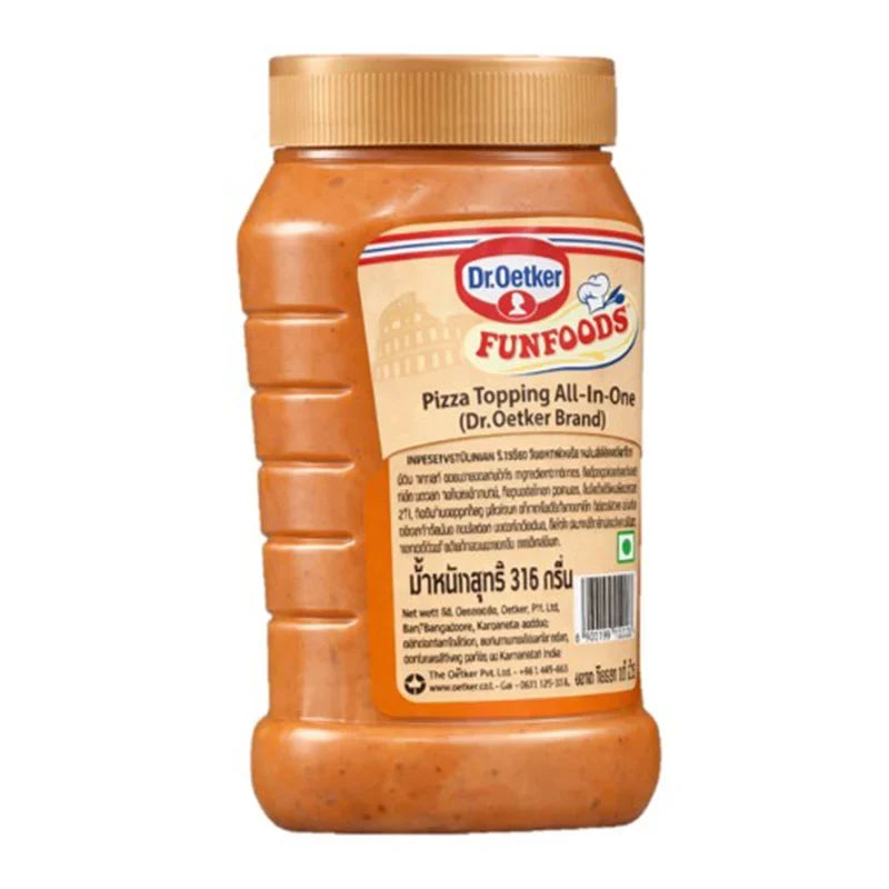 DR.OETKER Pizza Sauce Topping All-in-One 315g dry grocery, image shows the dry seasoning mix in a resealable packet.