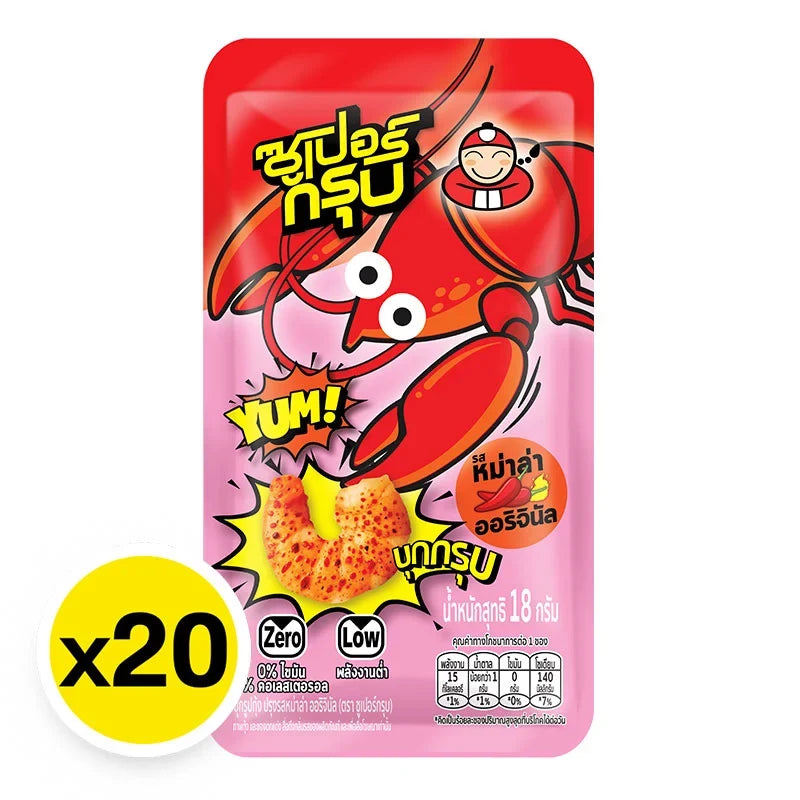 Super Groob Konjac Snack Shrimp Mala 360g, dry grocery snack with shrimp and mala seasoning in a clear packet.