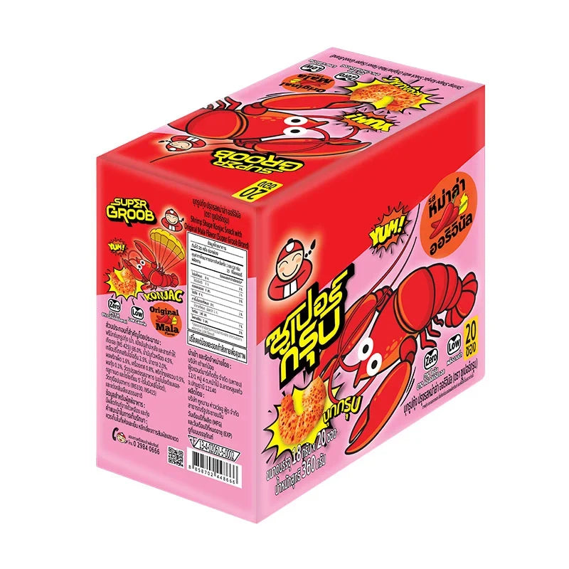Super Groob Konjac Snack Shrimp Mala, 360g, dry grocery snack with spicy and savory flavor, packaged in a clear bag.