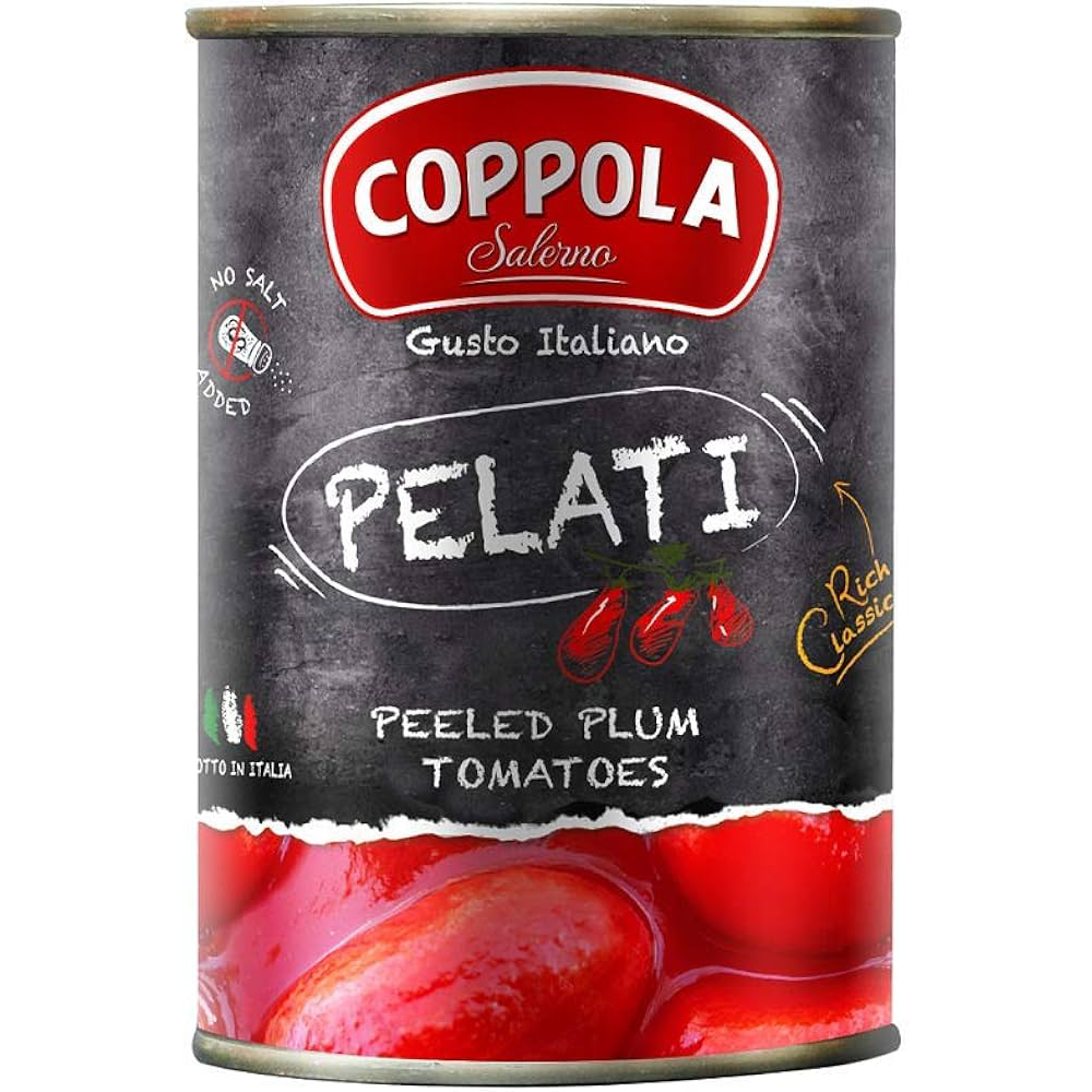 Whole peeled plum tomatoes in a can from Cirio, ready for cooking or making sauces.