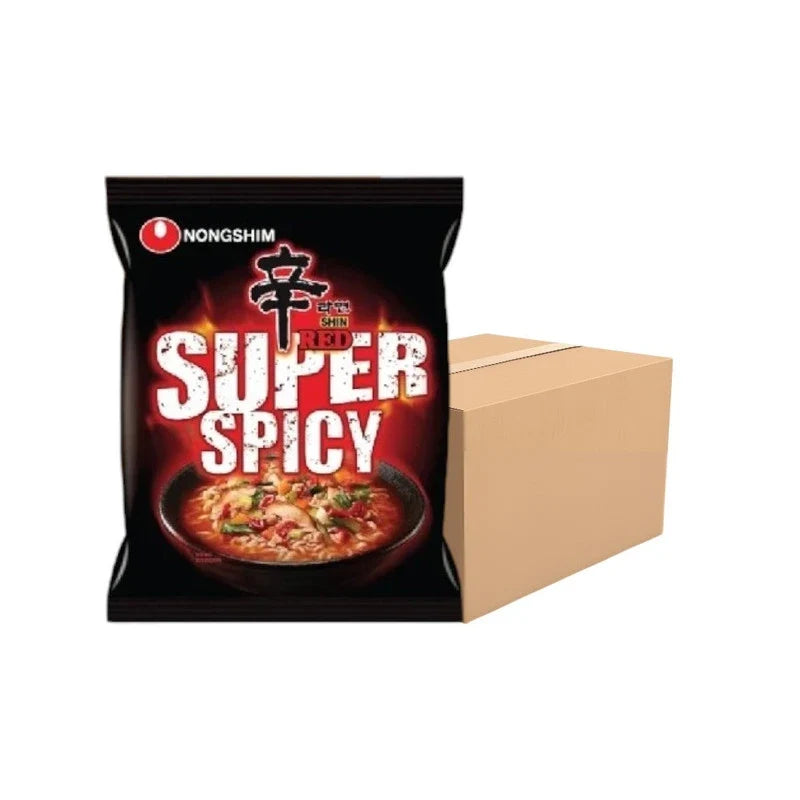 Nongshim Shin Ramyun Red Super Spicy instant ramen noodles in a dry grocery package with spicy broth flavor