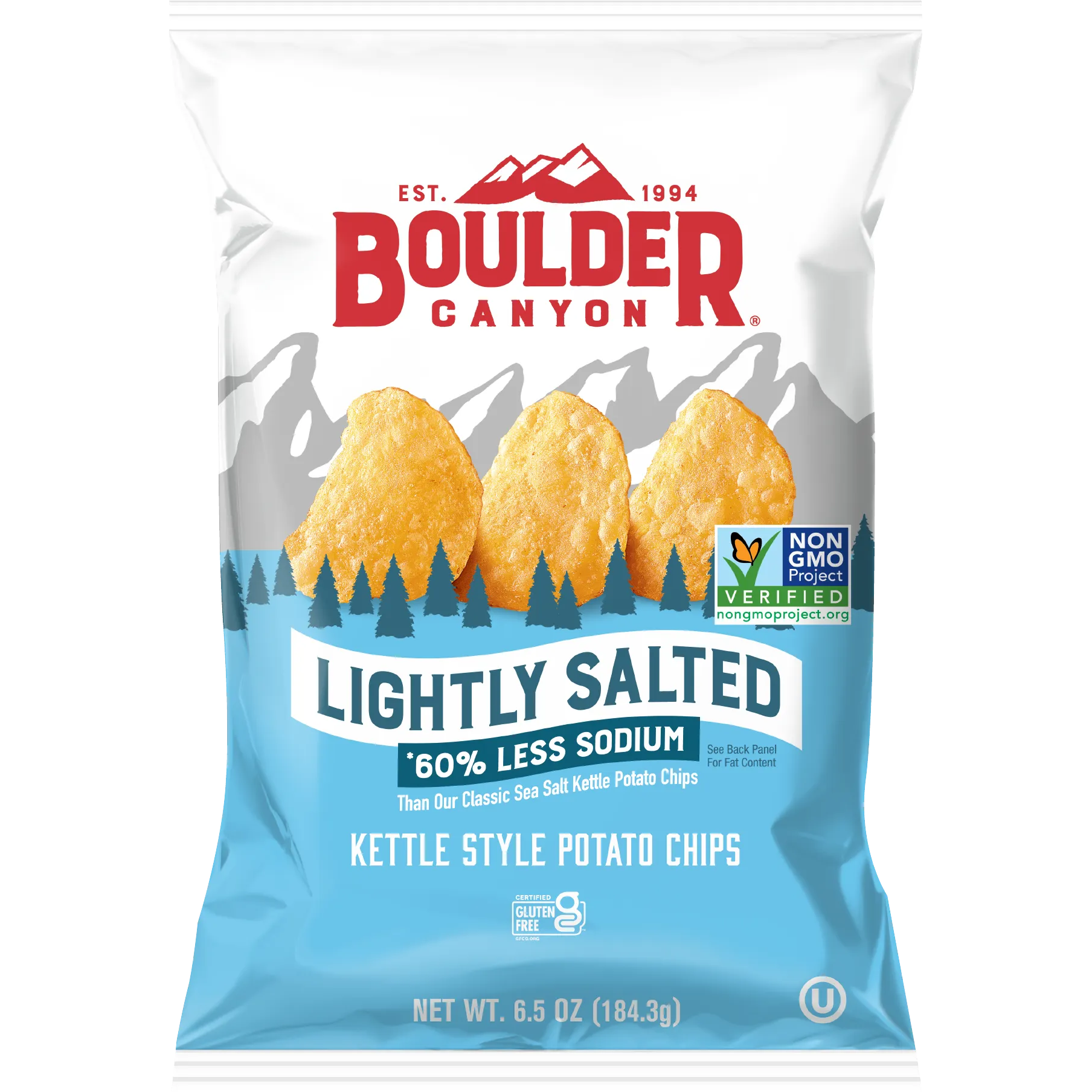 Boulder Canyon Less Sodium Potato Chips in a bag, crispy snack with fewer salts, packaged for convenient snacking.