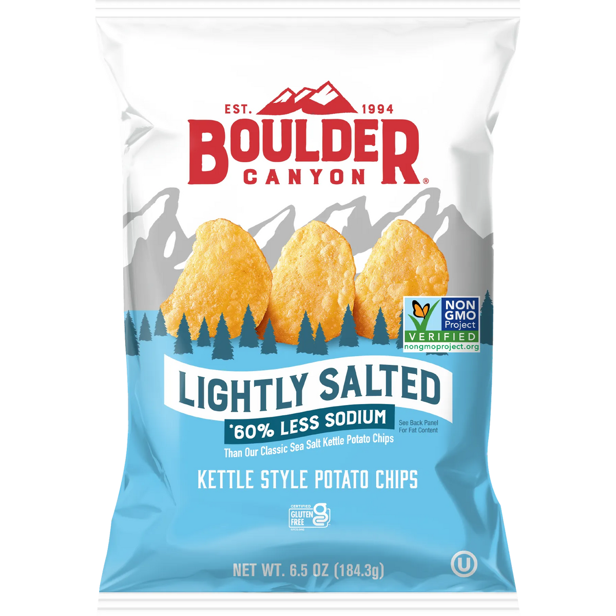Boulder Canyon Less Sodium Potato Chips in a bag, crispy snack with fewer salts, packaged for convenient snacking.