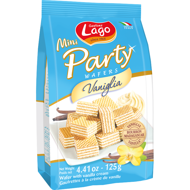 Lago wafer with vanilla cream filling, a crispy confectionery snack with visible layers and vanilla cream center.