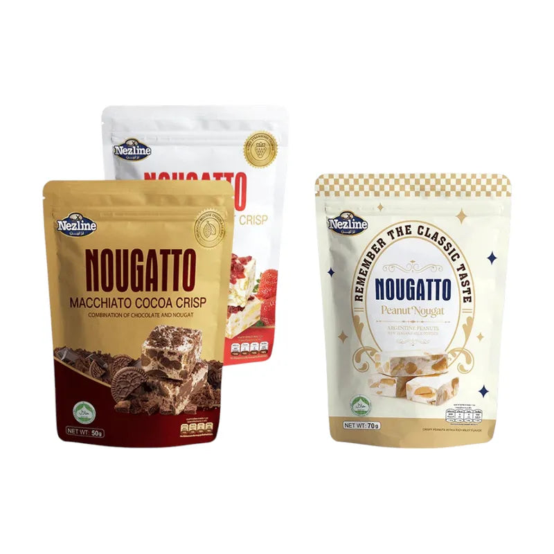 Nezline Nougatto nougat crisp snack with crunchy texture and creamy nougat filling, displayed in a close-up shot.