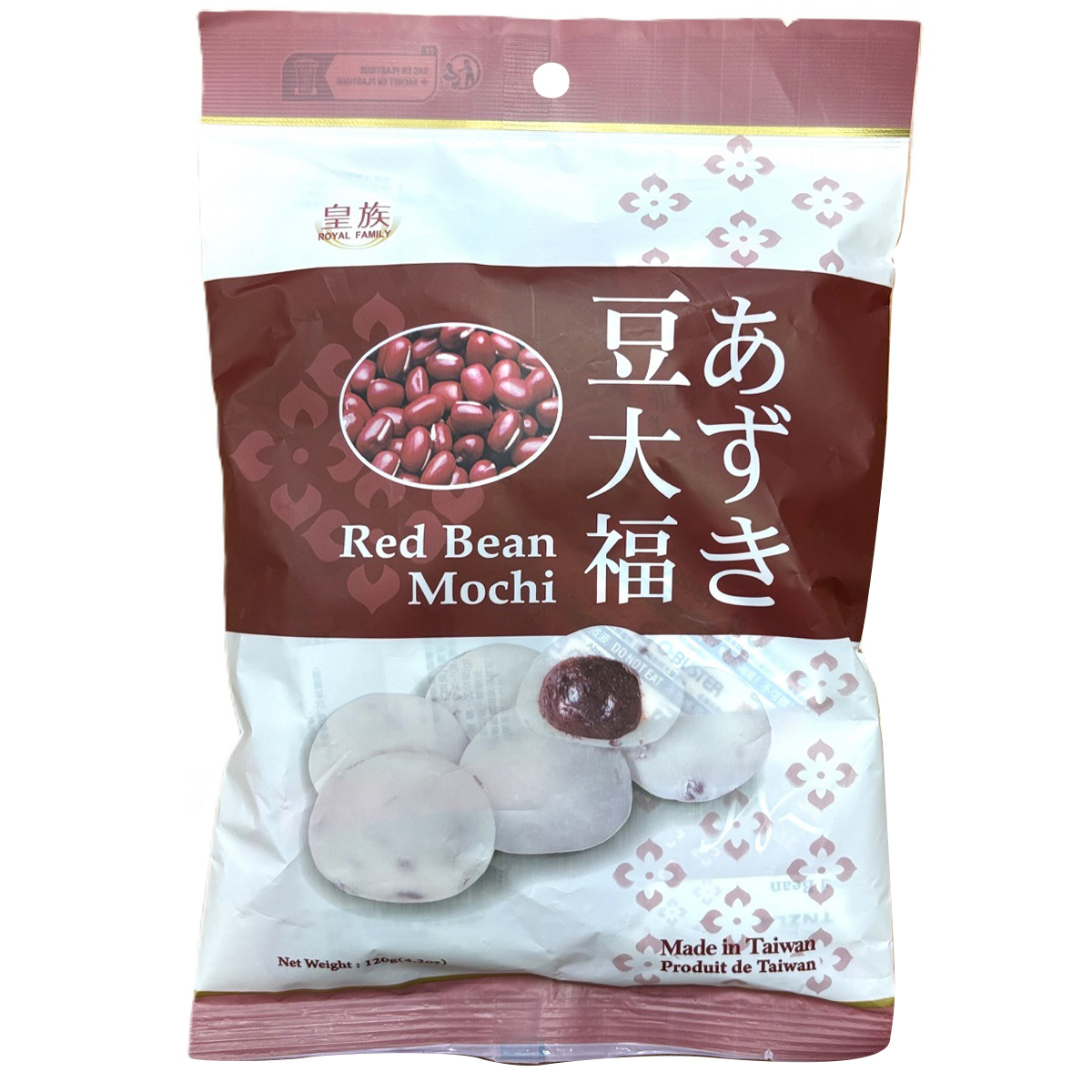 Royal Family Red Bean Mochi, soft Japanese confectionery snack with red bean filling and chewy rice exterior.