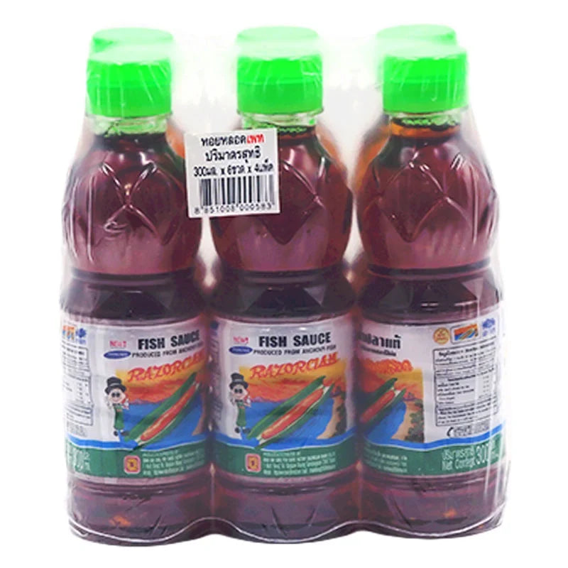 Razorclam Fish Sauce 300ml bottles, six-pack, in clear bottles with dark labels, used for cooking and flavoring dishes.