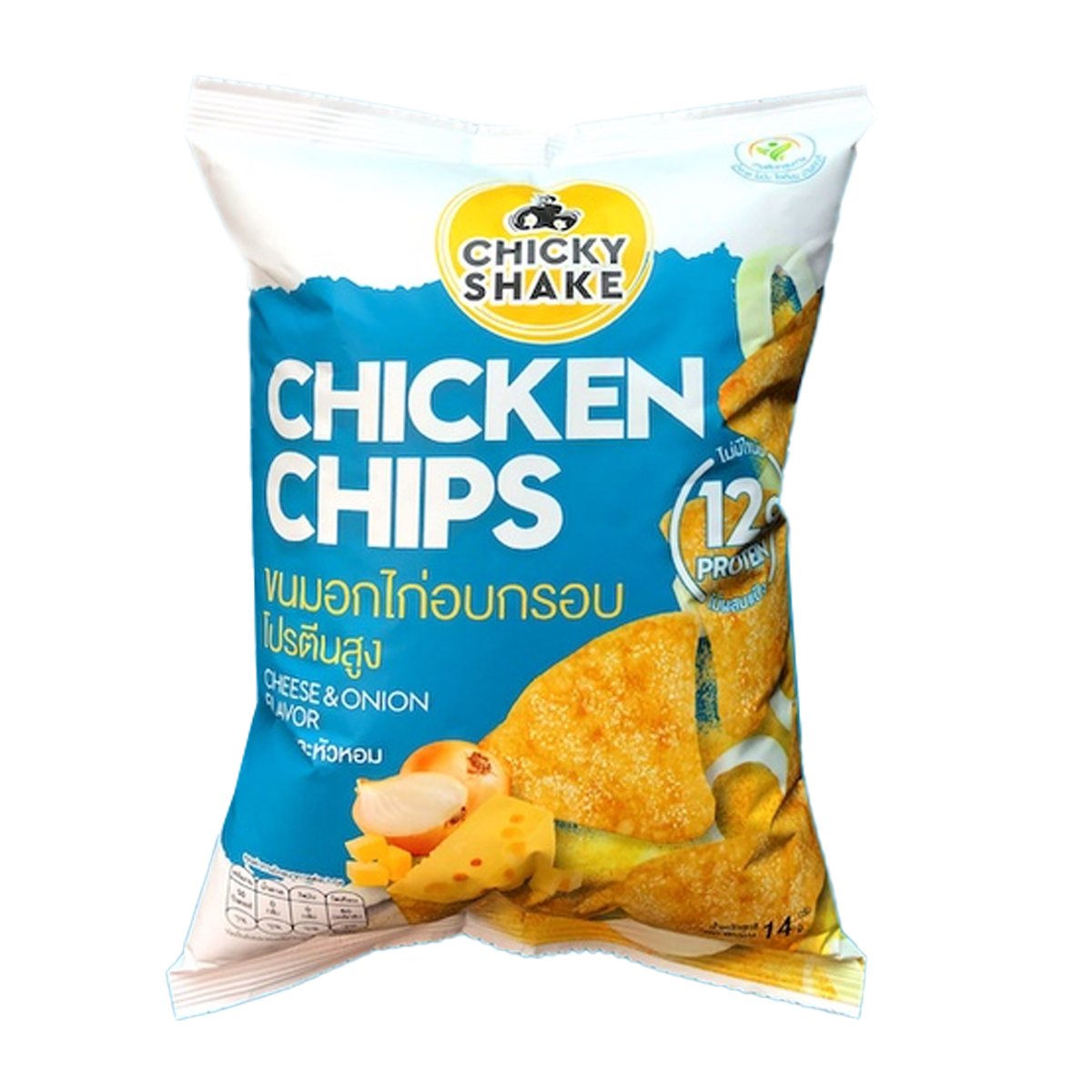 Chicky Shake Cheese & Onion Chicken Chips, crunchy confectionery snacks with cheese and onion flavor, shown in a colorful package