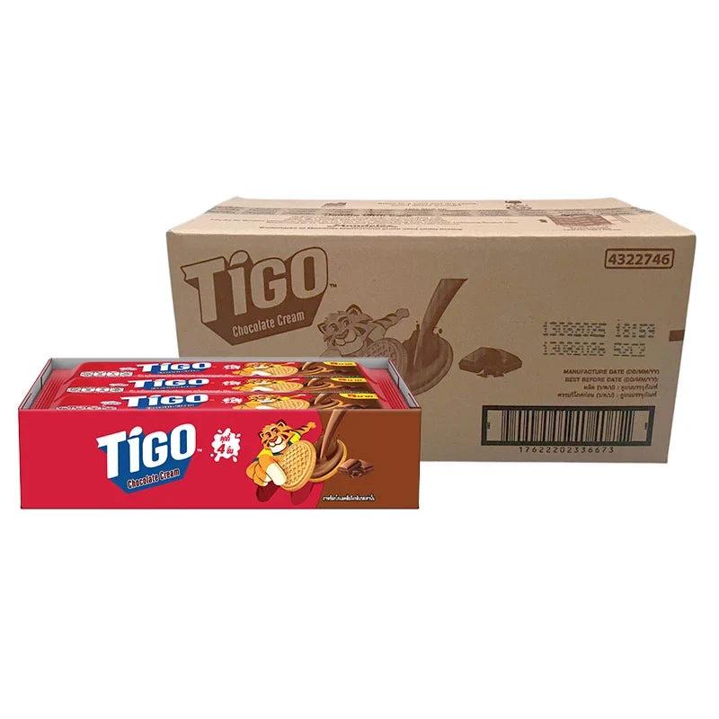 TIGO Cookies and Cream Fill Chocolate snack, 35g x 144 packs, featuring creamy cookie filling in a chocolate coating.