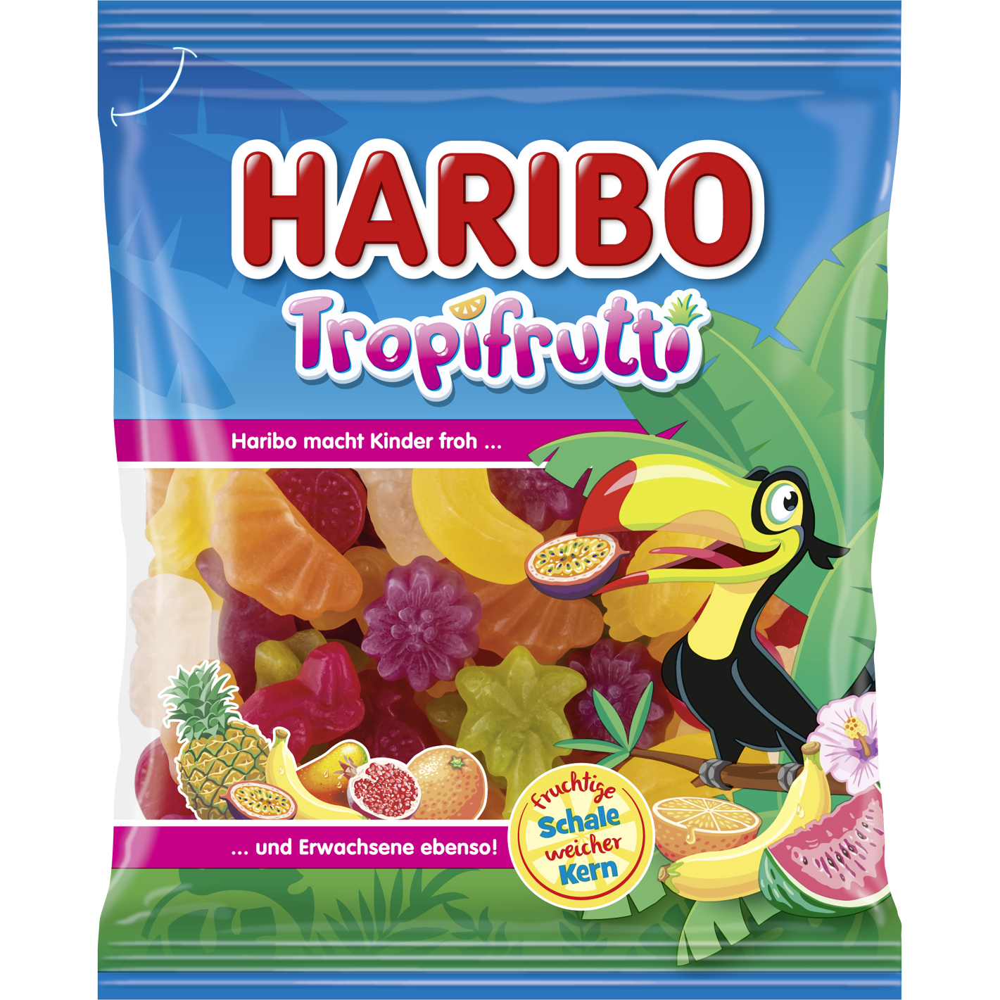Assorted Haribo Tropifrutti jelly candies in bright, colorful fruit shapes and flavors on a white background.