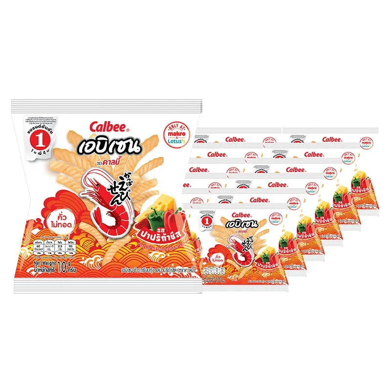 Calbee Ebisen prawn crackers with paprika and cheese flavor in a 10g pack, shown in a multi-pack of 12 snack bags.