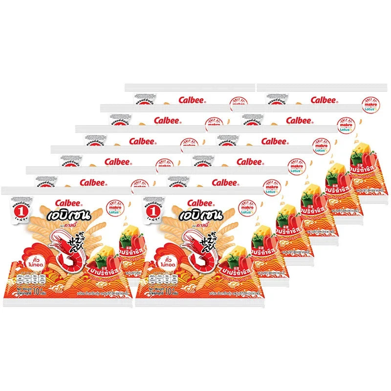 Calbee Ebisen prawn crackers in paprika cheese flavor, 10g pack, stacked in a box, crispy snack from Calbee.