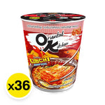 Mama Oriental Kitchen Instant Cup Noodles Kimchi Seafood flavor, 80g, dry grocery product with noodles, kimchi, and seafood ingredients.