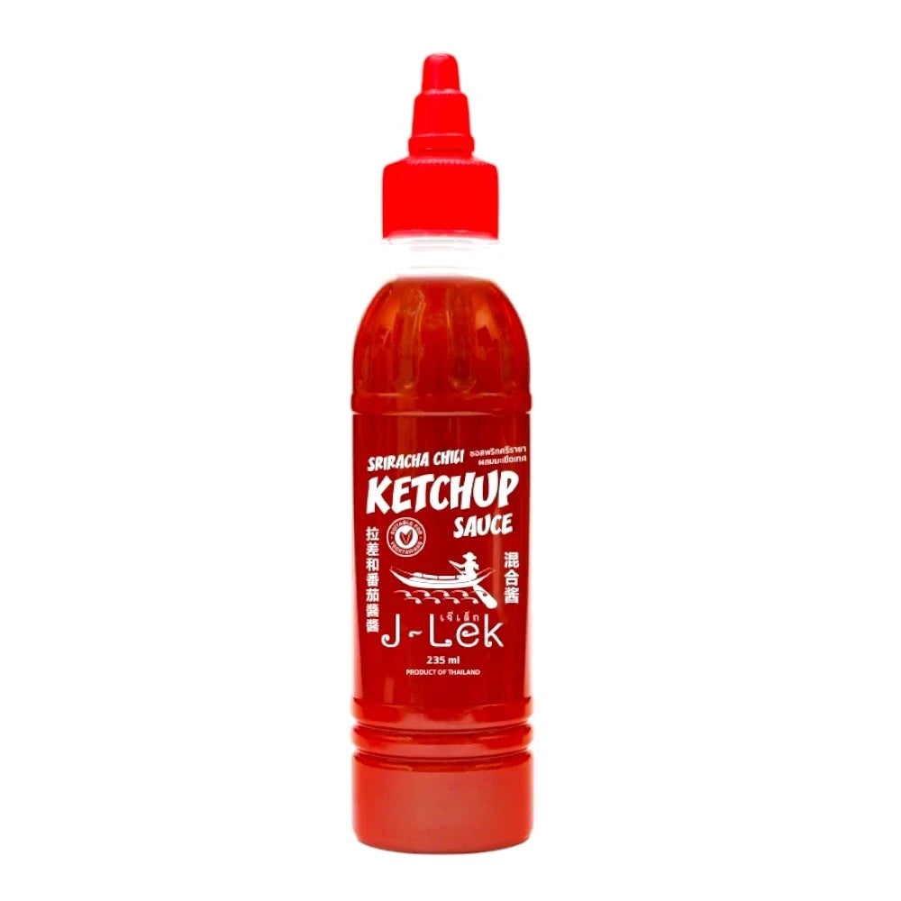 J-LEK Jay Lek Sriracha Chili Sauce with Tomatoes in 235g jar, dry grocery product featuring bright red chili and tomato sauce
