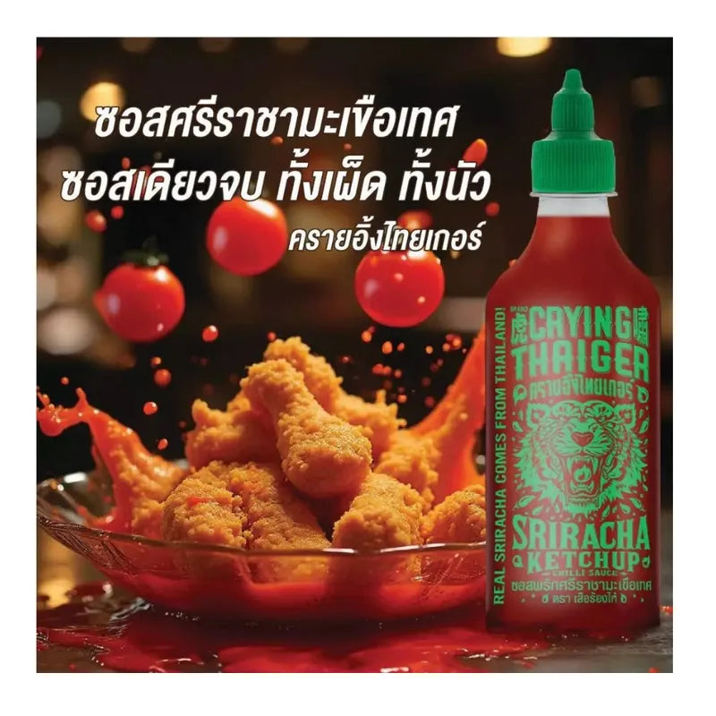 Crying Thaiger Sriracha Tomato Chili Sauce in 528g bottle, featuring vibrant red sauce with chili and tomato ingredients.