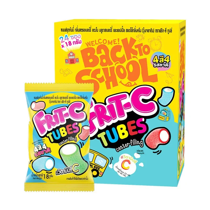 Frit-C Tube Gummy Back To School snack, 18g x 24 pack, colorful fruit-flavored confectionery gummies in a tube packaging.