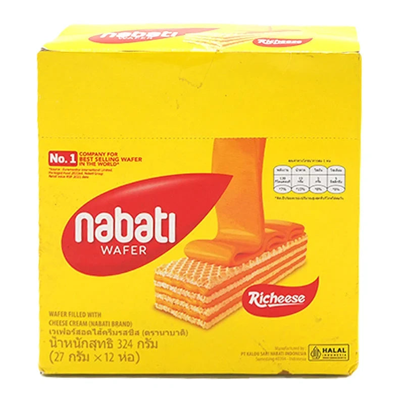 NABATI Wafer Cheese Cream snack pack, 27g, shown in a clear image with multiple wafer packages stacked together.