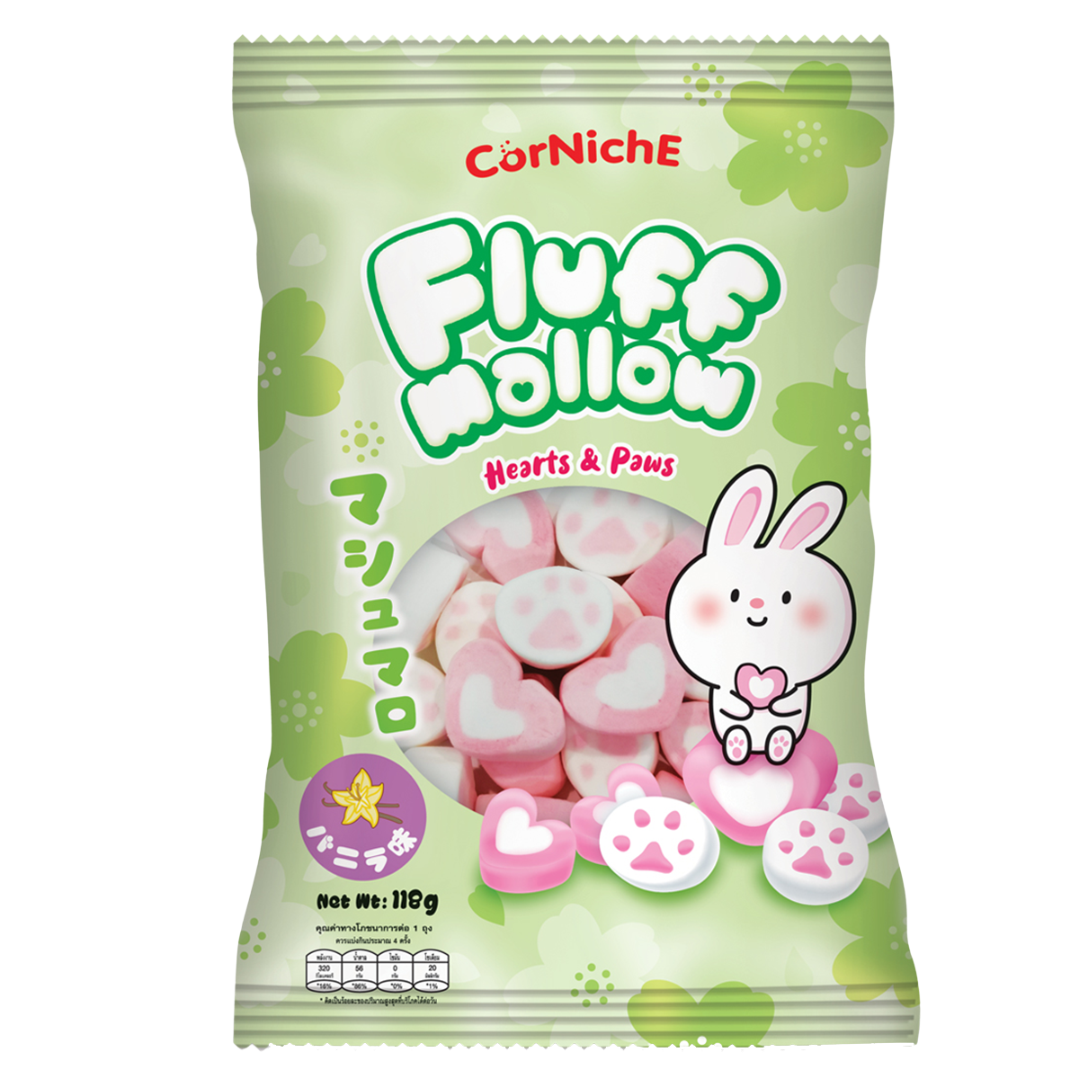Corniche Fluffmallow Hearts & Paws confectionery snacks with colorful marshmallow shapes and sweet, fluffy textures.