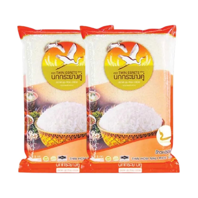 Nokkrayangkoo Double Egret Jasmine Rice in a bag, authentic Thai jasmine rice from Yasothon, dry grocery product.