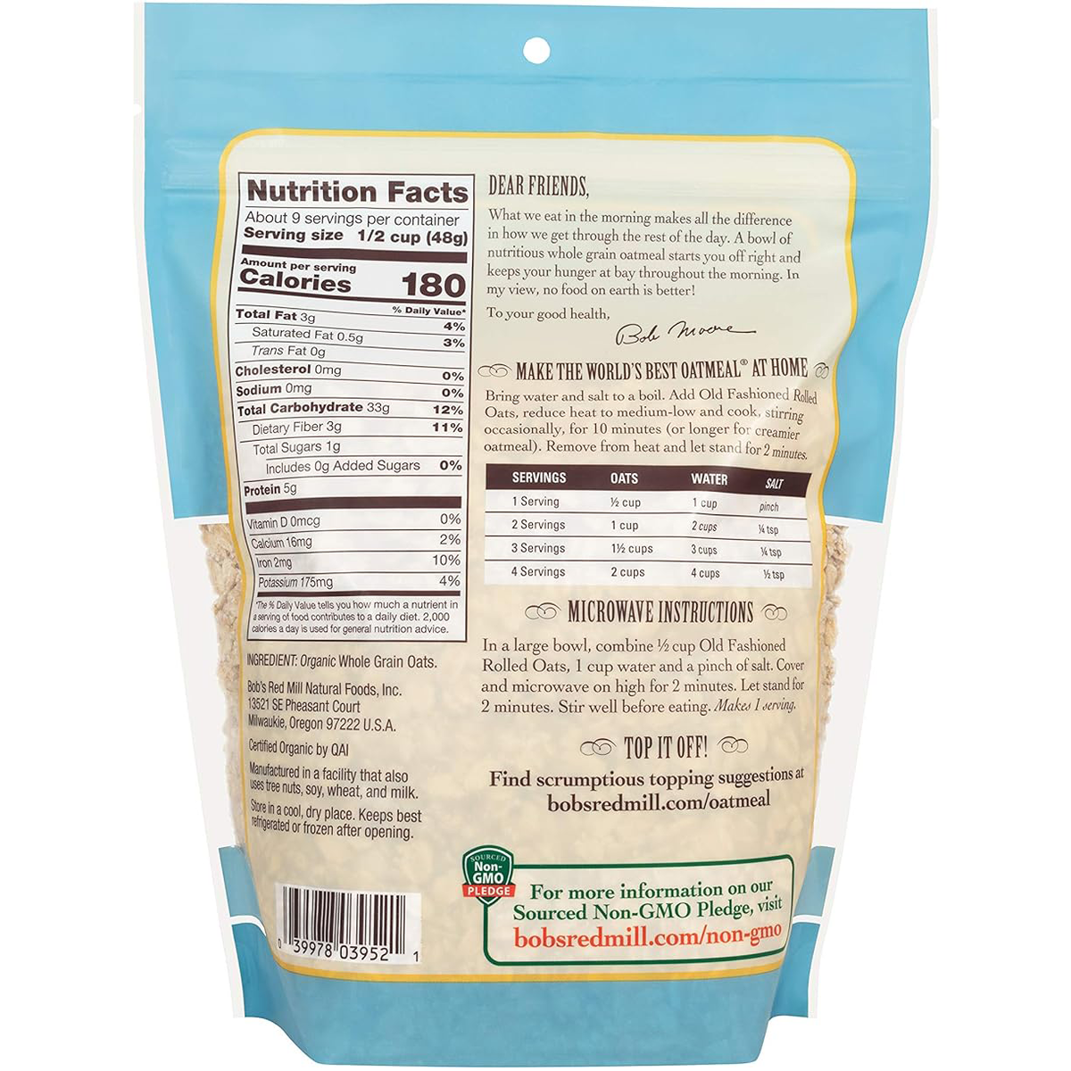 Organic rolled oats from Bob's Red Mill in a clear bowl, showcasing the whole, textured oats ready for breakfast or baking.