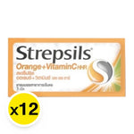Strepsils Lozenges Orange with Vitamin C, 12-piece pack, featuring bright orange lozenges in a clear blister pack.