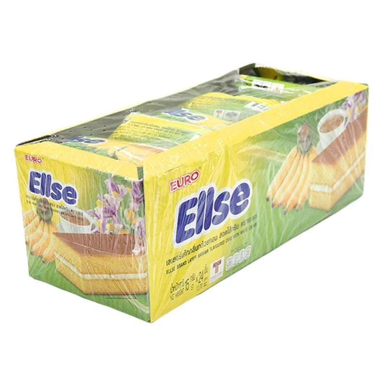 Ellse Banana Layer Cake snack in 15g pack, dry grocery confectionery with banana flavor, displayed in a colorful wrapper.