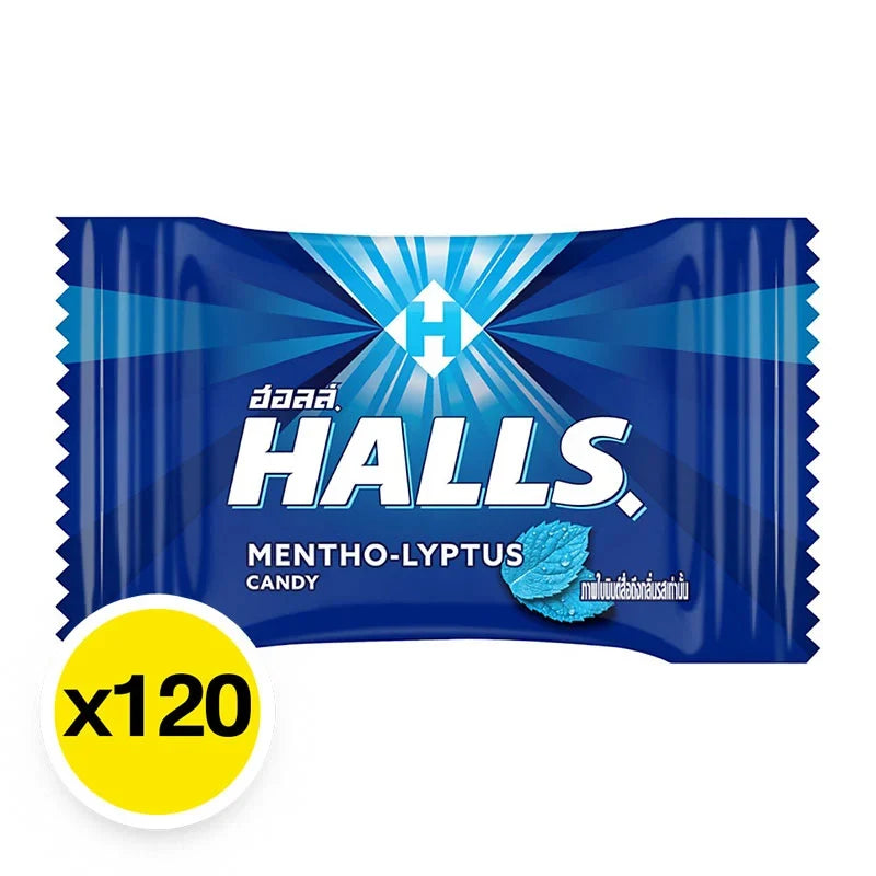 Halls Mentro lozenges, a dry grocery snack from the Halls brand, displayed in a clear container with multiple menthol candies inside.