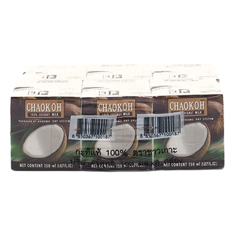 Chaokoh coconut milk in 150ml cans, six-pack, ideal for cooking and baking, from the CHAOKOH dry grocery brand.