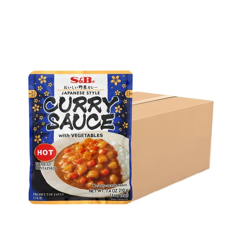 S & B Curry Sauce with Vegetables and ready-made potatoes in a jar, featuring vibrant ingredients and a rich, flavorful appearance.