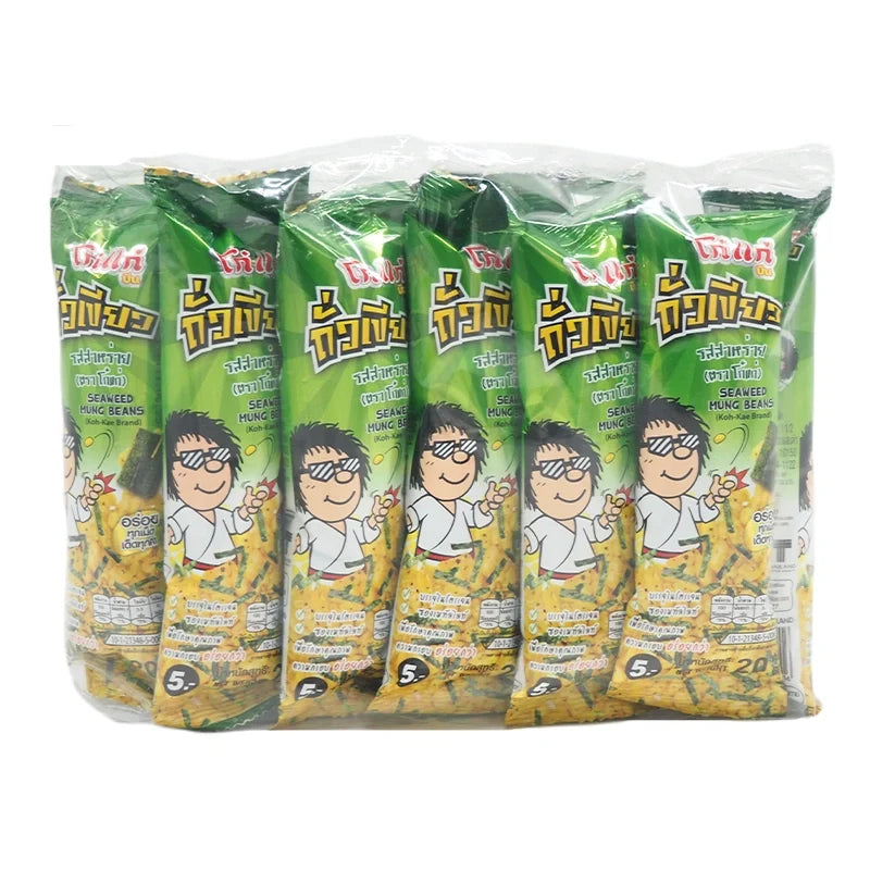 Kohkae Mung Bean Seaweed snacks in 20g packs, dry grocery snack with mung beans and seaweed, packaged in a clear bag.