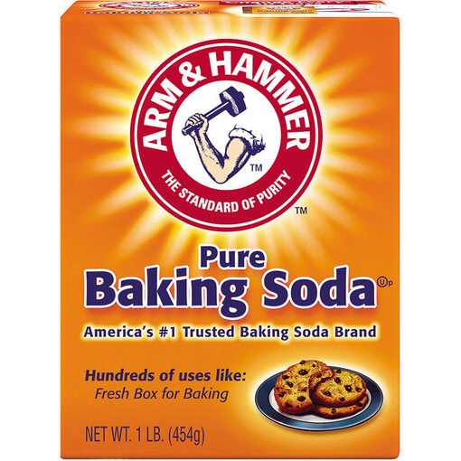 Arm & Hammer baking soda box for baking and cleaning, featuring the recognizable Arm & Hammer logo on a white box.